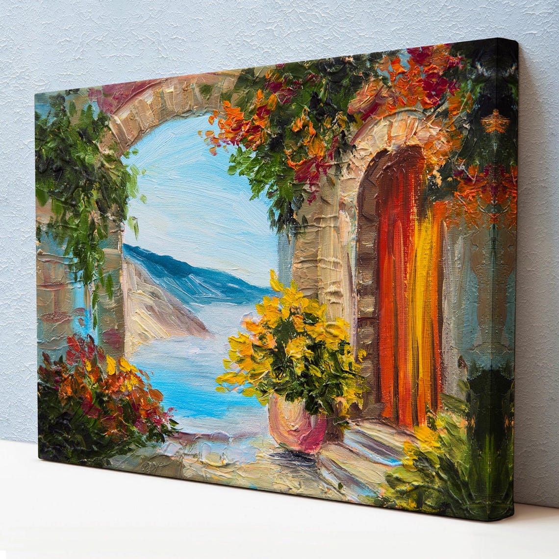 Mediterranean Stone Arch Terrace Red Door Sea View Flower Poster