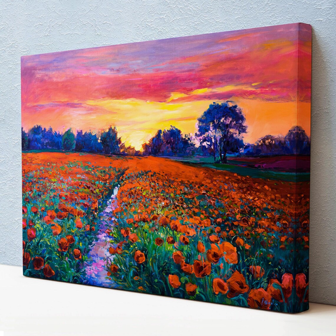 Red Poppy Field Sunset Blazing Pink Orange Sky Meadow Travel Poster