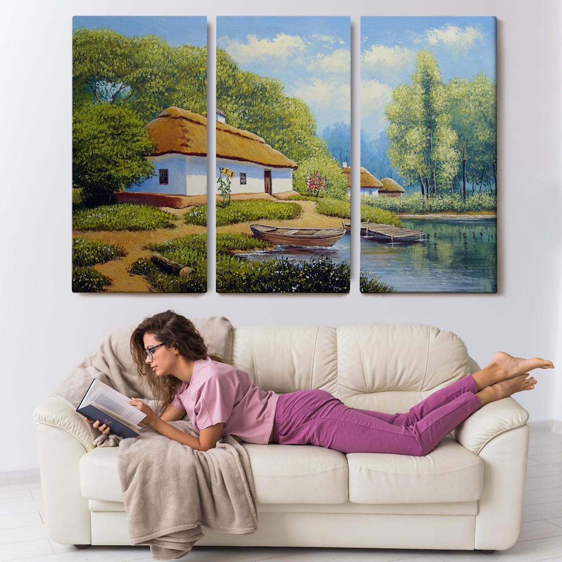 Ukrainian Village Cottage By River Rowboat Thatched Roof Summer Poster - Image 3