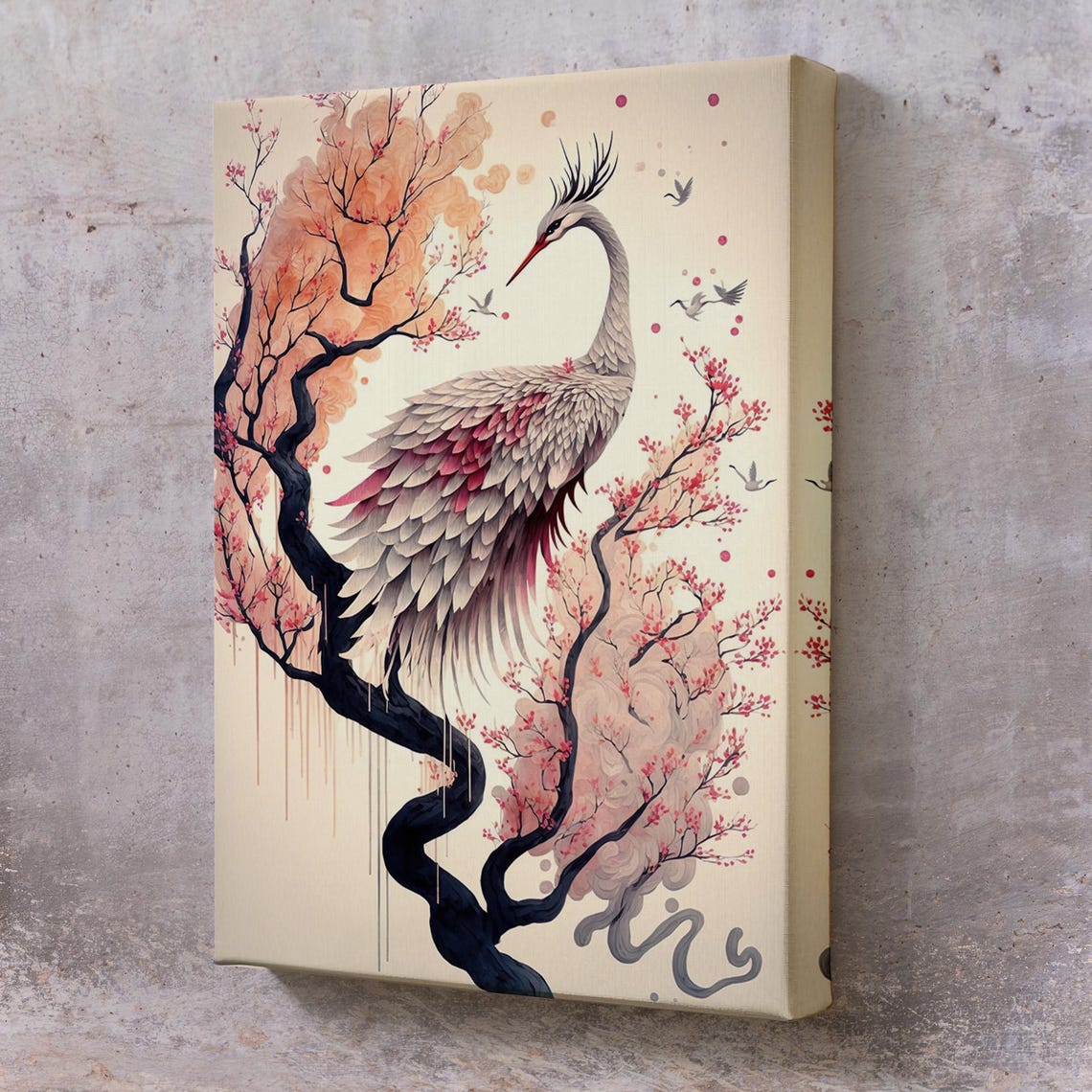 Elegant Crane Cherry Blossom Branch Japanese Watercolor Art Poster