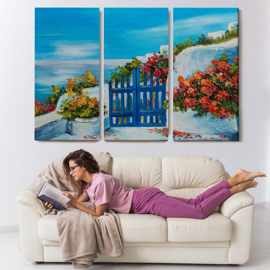 Santorini Blue Gate Bougainvillea Whitewashed Wall Aegean Sea Poster - Image 3