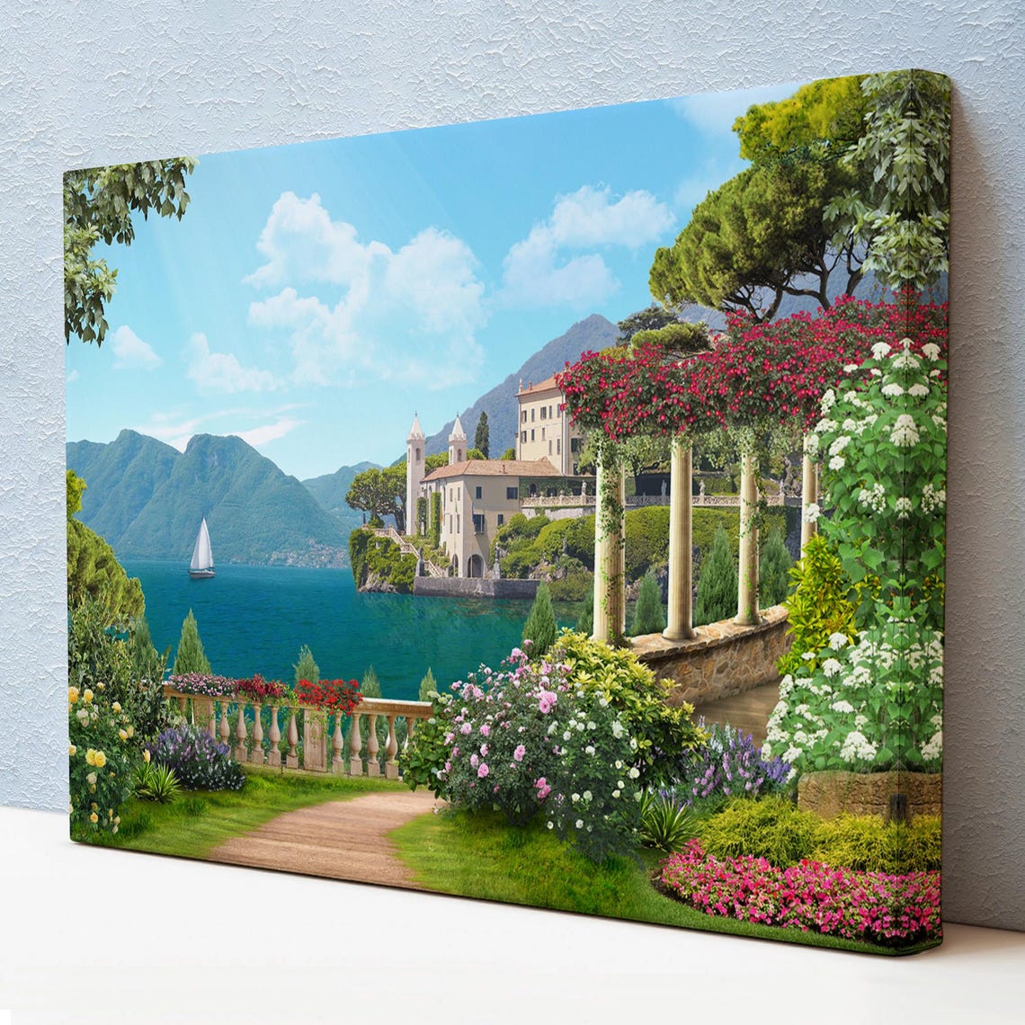 Italian Lakeside Villa Flower Garden Sailboat Lake View Travel Poster