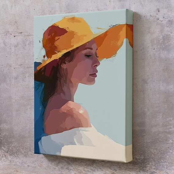 Abstract Woman Yellow Sun Hat Summer Profile Watercolor Art Poster