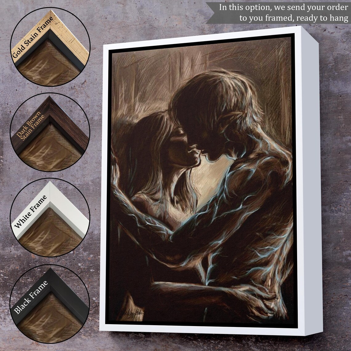 Sepia Sketch Couple Kissing In The Rain Romantic Vintage Art Print - Image 3