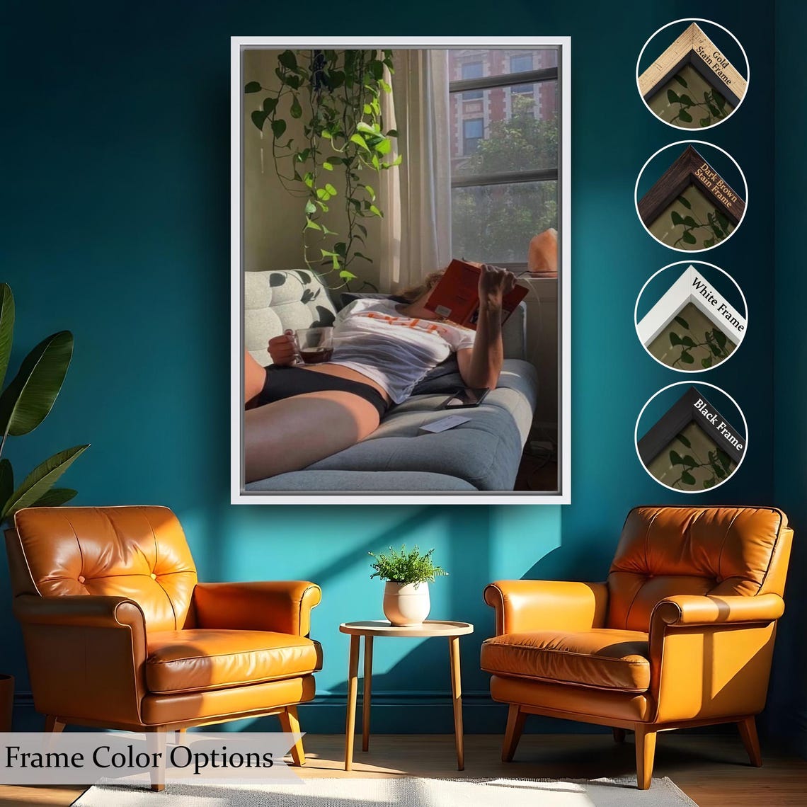 Woman Reading A Book On Cozy Couch With Tea Sunlit Window Wall Art - Image 2