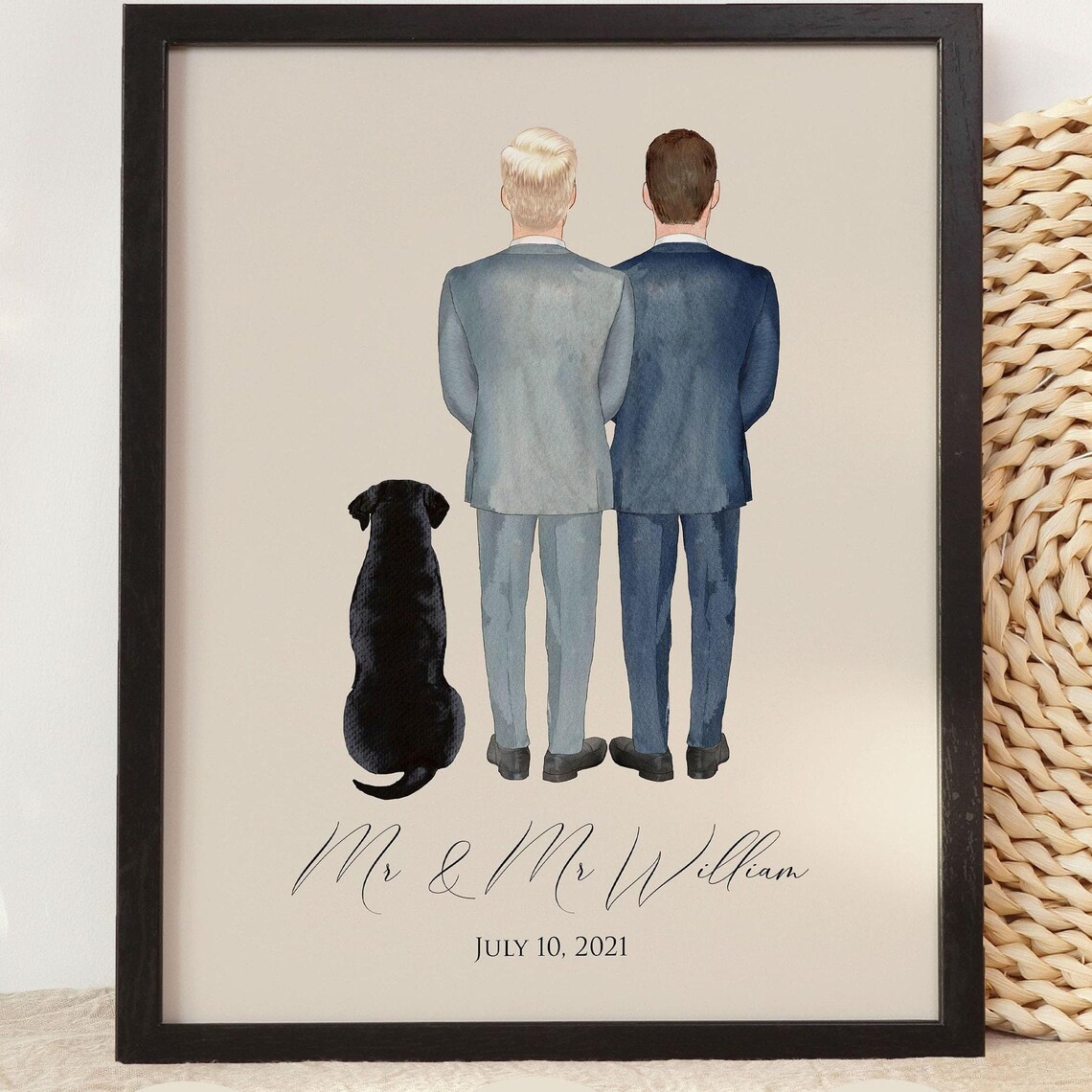 Mr And Mr Wedding Grooms With Dog Personalized Portrait Gift Poster