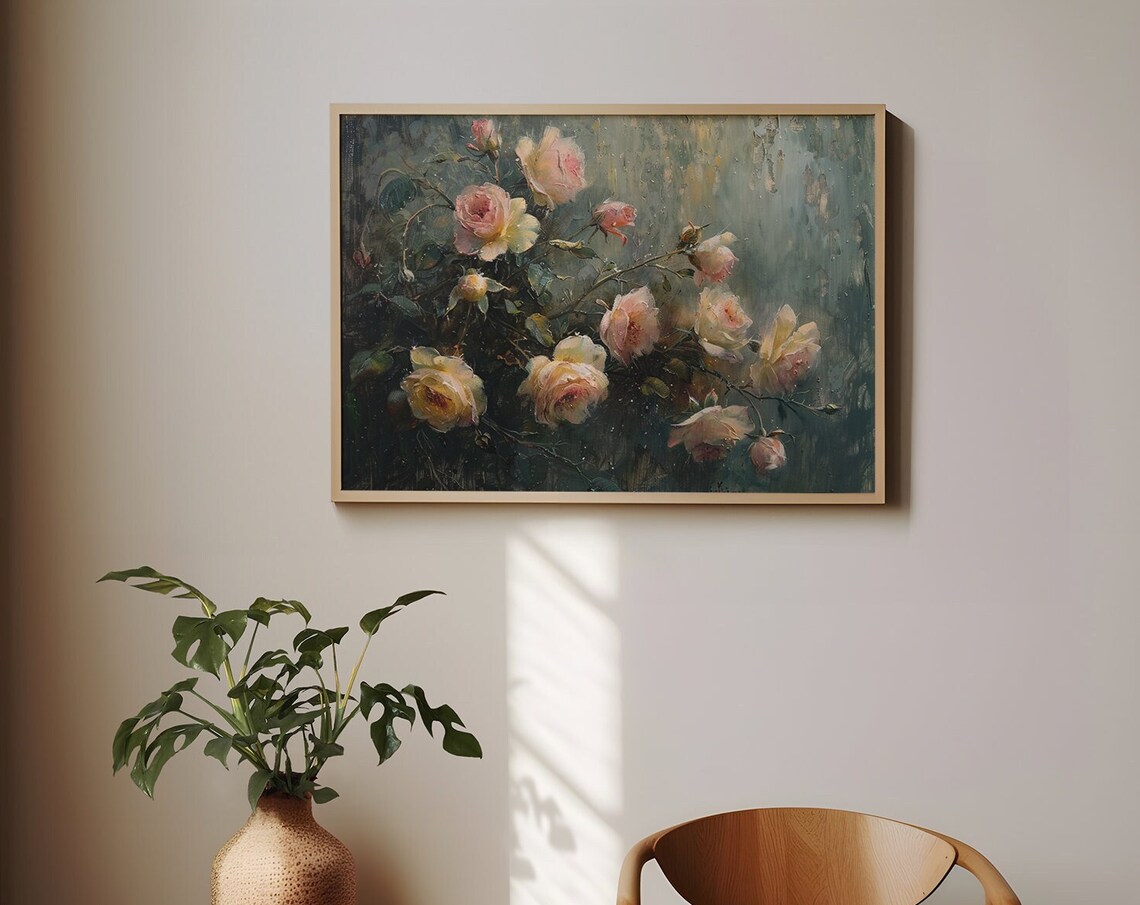 Moody Dark Floral Roses Oil Painting Vintage Dark Academia Print