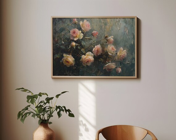 Moody Dark Floral Roses Oil Painting Vintage Dark Academia Print
