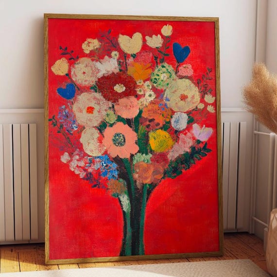 Colorful Floral Bouquet Art Print Bold Modern Flowers Heart Inspired Wall Decor Playful Red Botanical Poster Living Room Decor