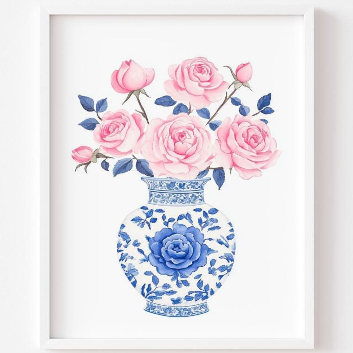 Pink Roses In Blue White Porcelain Vase Floral Watercolor Wall Poster
