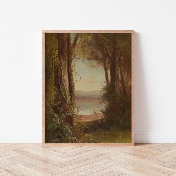 Vintage Forest Lake Landscape Through Ancient Trees Oil Painting Print