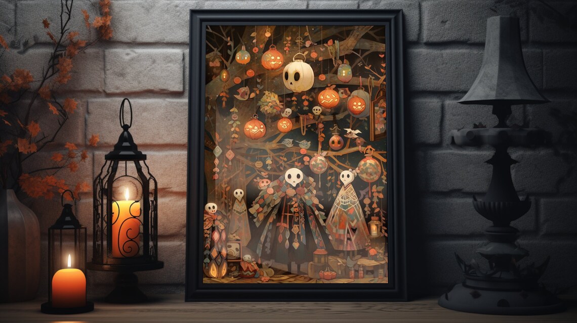 Vintage Spooky Folk Art Villagers, Lanterns Poster