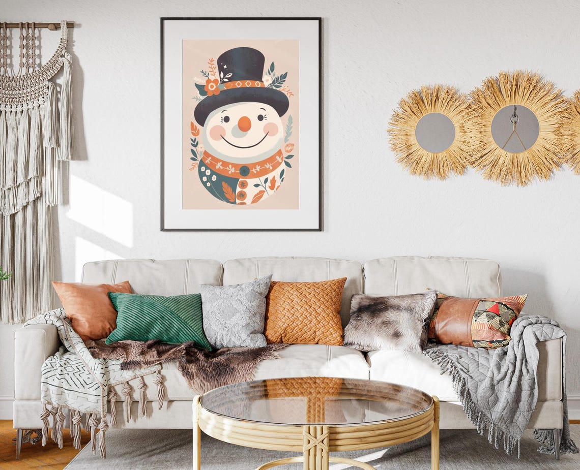 Boho Snowman Top Hat Patterned Scarf Smiling Winter Holiday Poster - Image 2