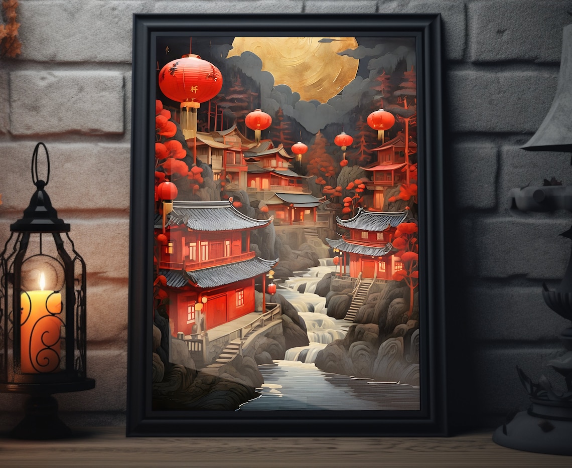 Chinese Red Lantern Village Night Golden Moon Lunar New Year Poster
