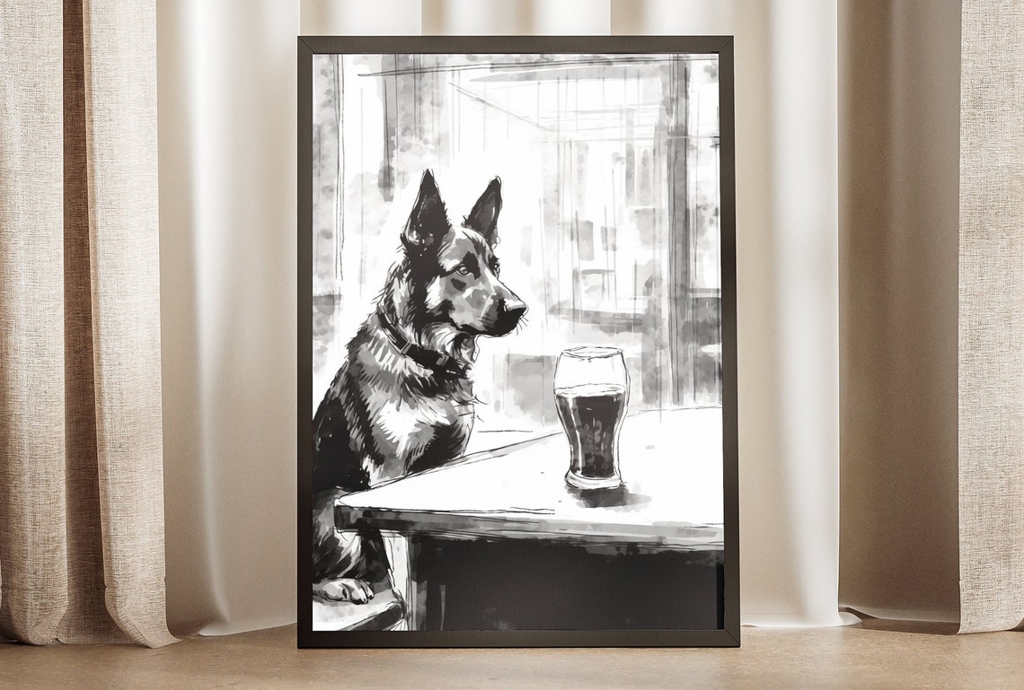 Handsome German Shepherd Pub Pint Beer Sketch Black White Poster
