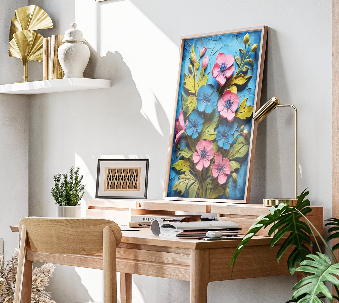 Blue Floral Sculpted 3D Flowers Textured Spring Botanical Poster - Image 3