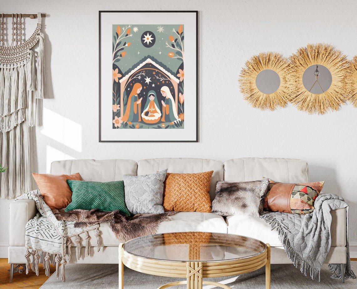 Boho Christmas Nativity Scene Baby Jesus Starry Night Floral Poster - Image 2