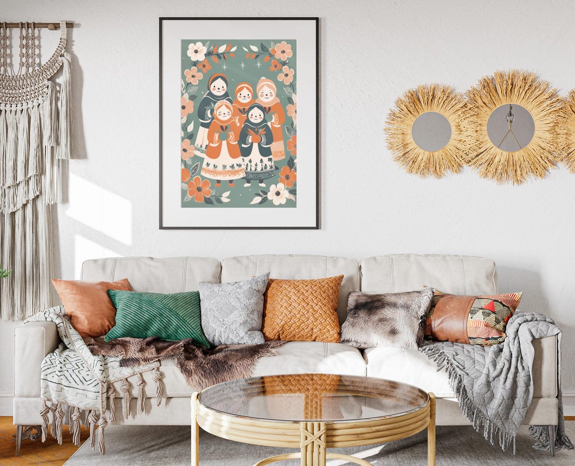 Boho Christmas Carolers Folk Group Lanterns Floral Holiday Poster - Image 2