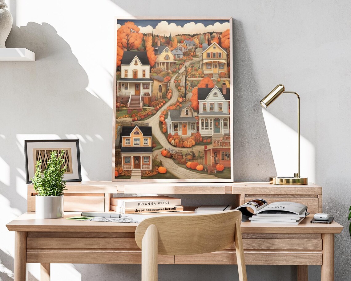 Autumn Village On Hill With Pumpkins And Orange Trees Fall Wall Art Poster - Image 4