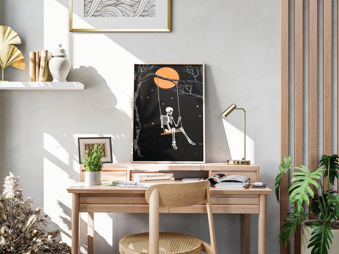 Skeleton Swing Orange Moon Night Bats Spooky Halloween Poster - Image 4