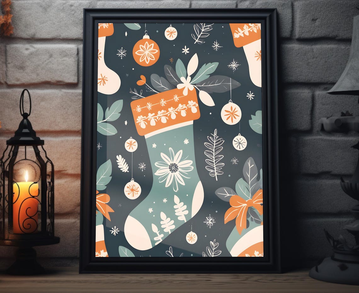 Boho Christmas Stocking Pattern Teal Ornaments Floral Holiday Poster