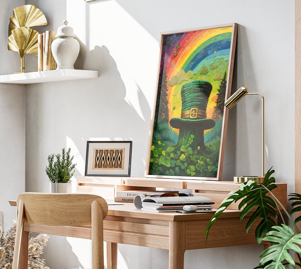 St Patricks Day Giant Leprechaun Hat Shamrock Field Rainbow Sky Print - Image 3
