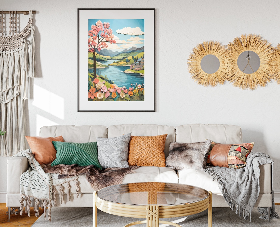 Spring Lakeview Folk Art, Scenic Spring Art Print - Image 2