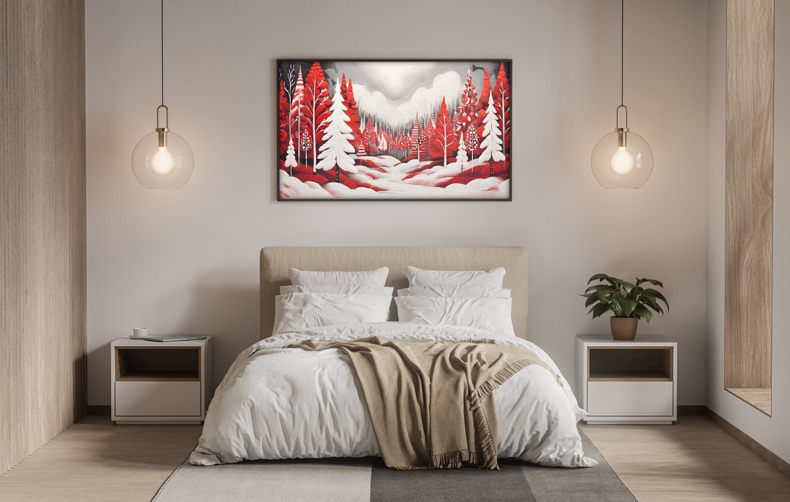Folk Art Red White Winter Forest Snowy Trees Landscape Poster - Image 4