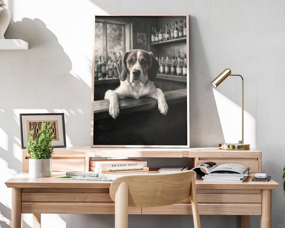 Beagle Leaning Paws Over Bar Counter Bottles Black White Poster - Image 4