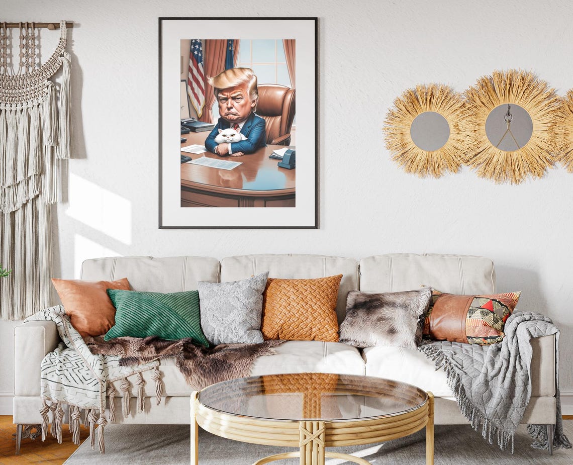 Donald Trump Caricature With White Cat Oval Office Art Poster - Image 2