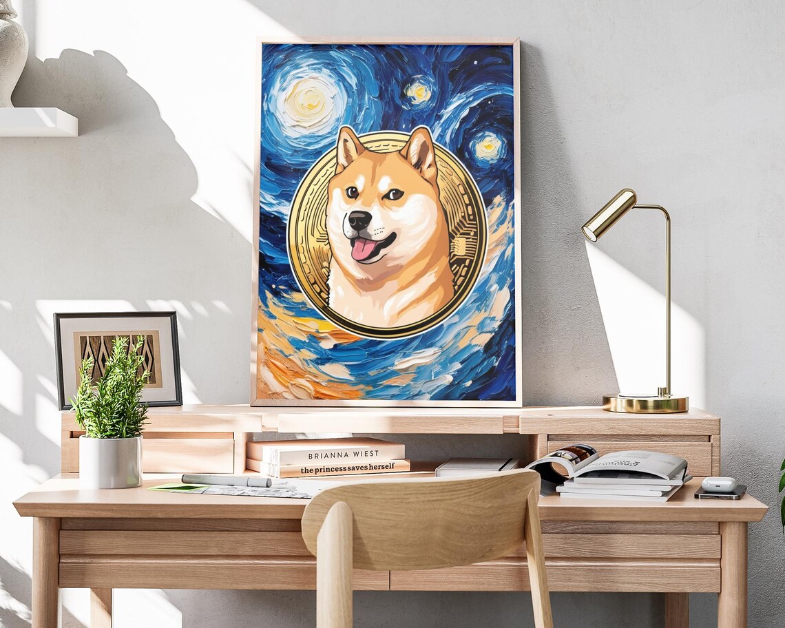 Dogecoin Shiba Inu Gold Coin Starry Night Swirl Crypto Meme Wall Art Poster - Image 4