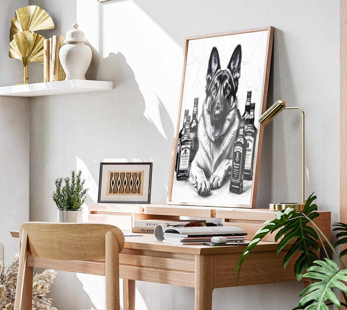 German Shepherd Lying Among Liquor Bottles Bar Sketch Poster - Image 3