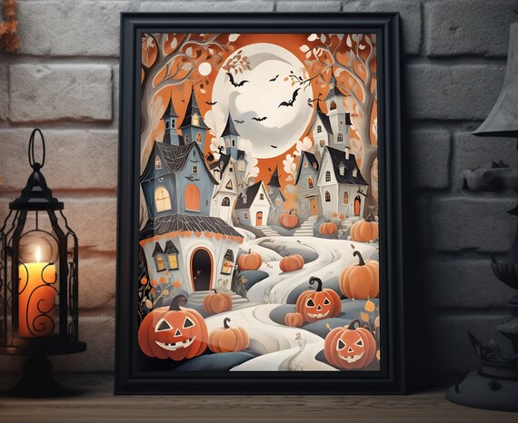 Spooky Haunted Houses Jack O Lantern Full Moon Bats Halloween Poster