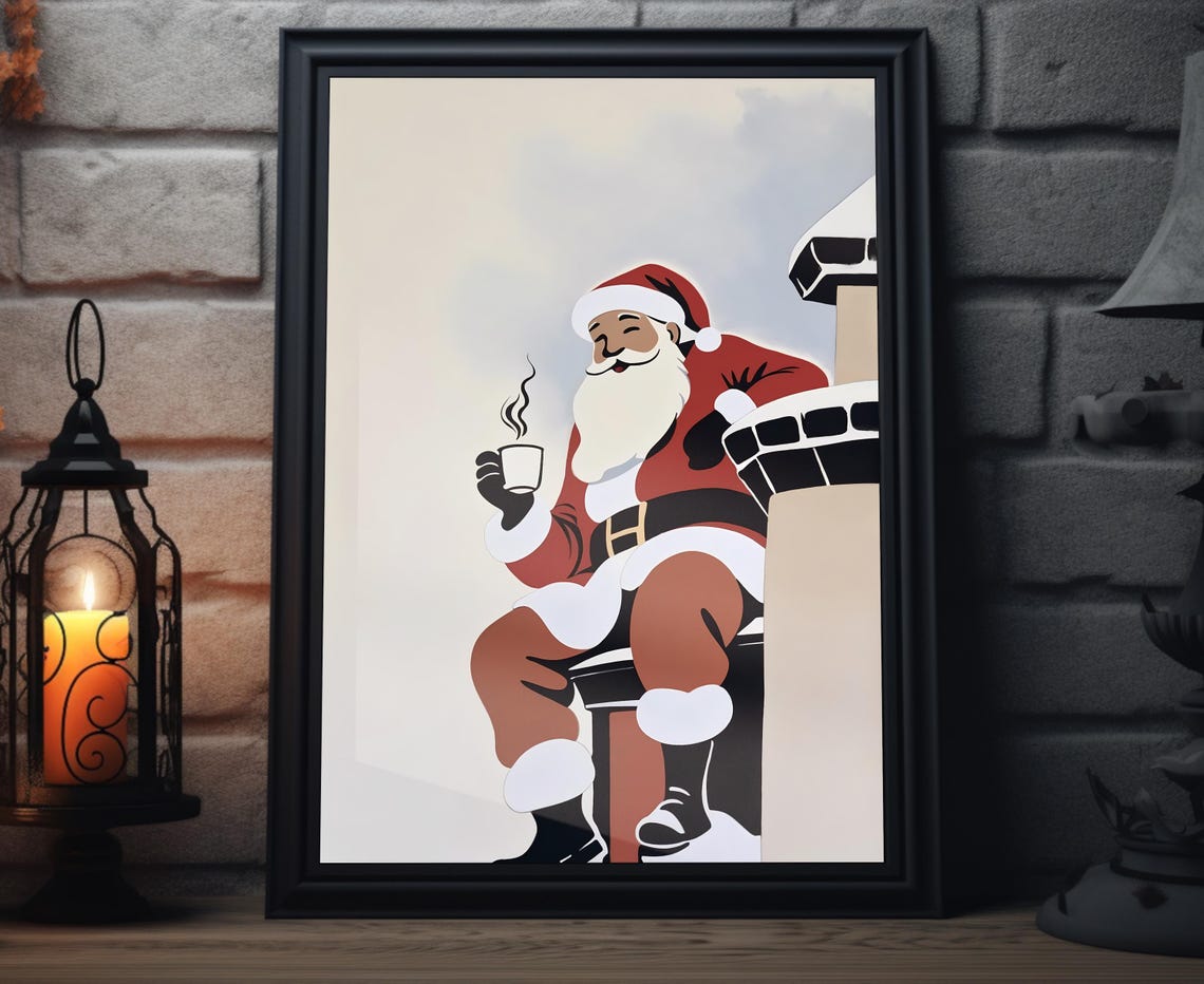 Santa On Chimney Hot Cocoa Minimalist Modern Christmas Wall Art