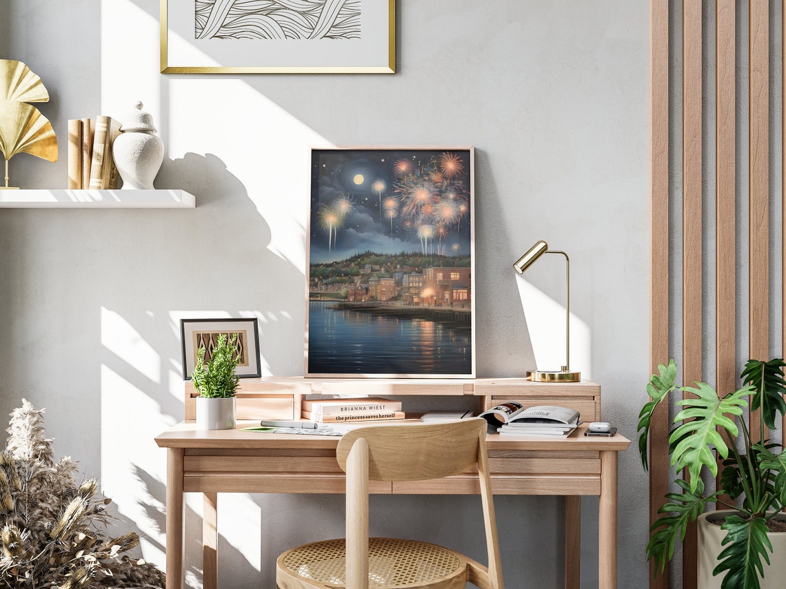 Harbor Town Fireworks Night Moonlit Water Celebration Scene Poster - Image 4