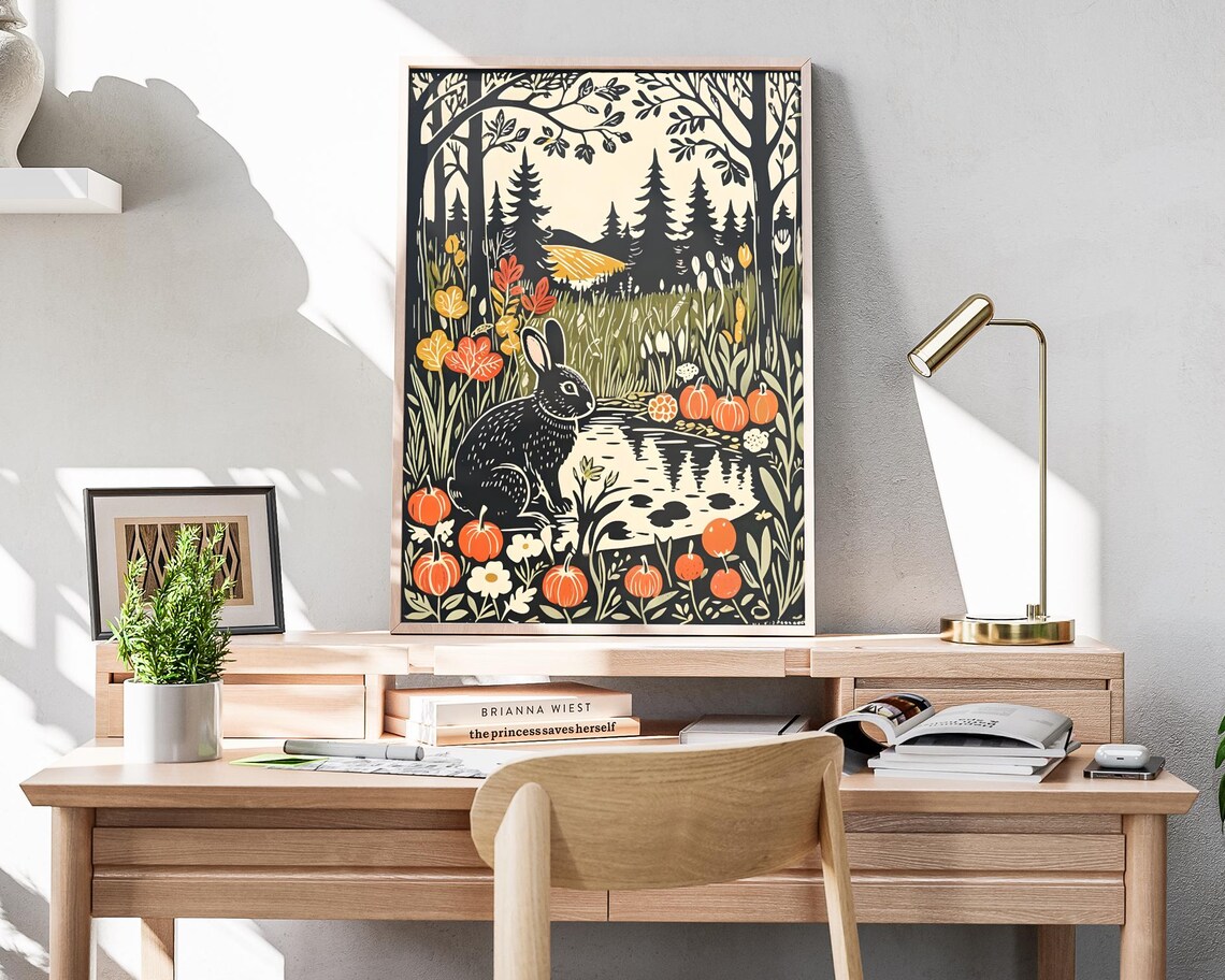 Black Rabbit By Autumn Pond Meadow Pumpkins Woodcut Style Art Poster - Image 4