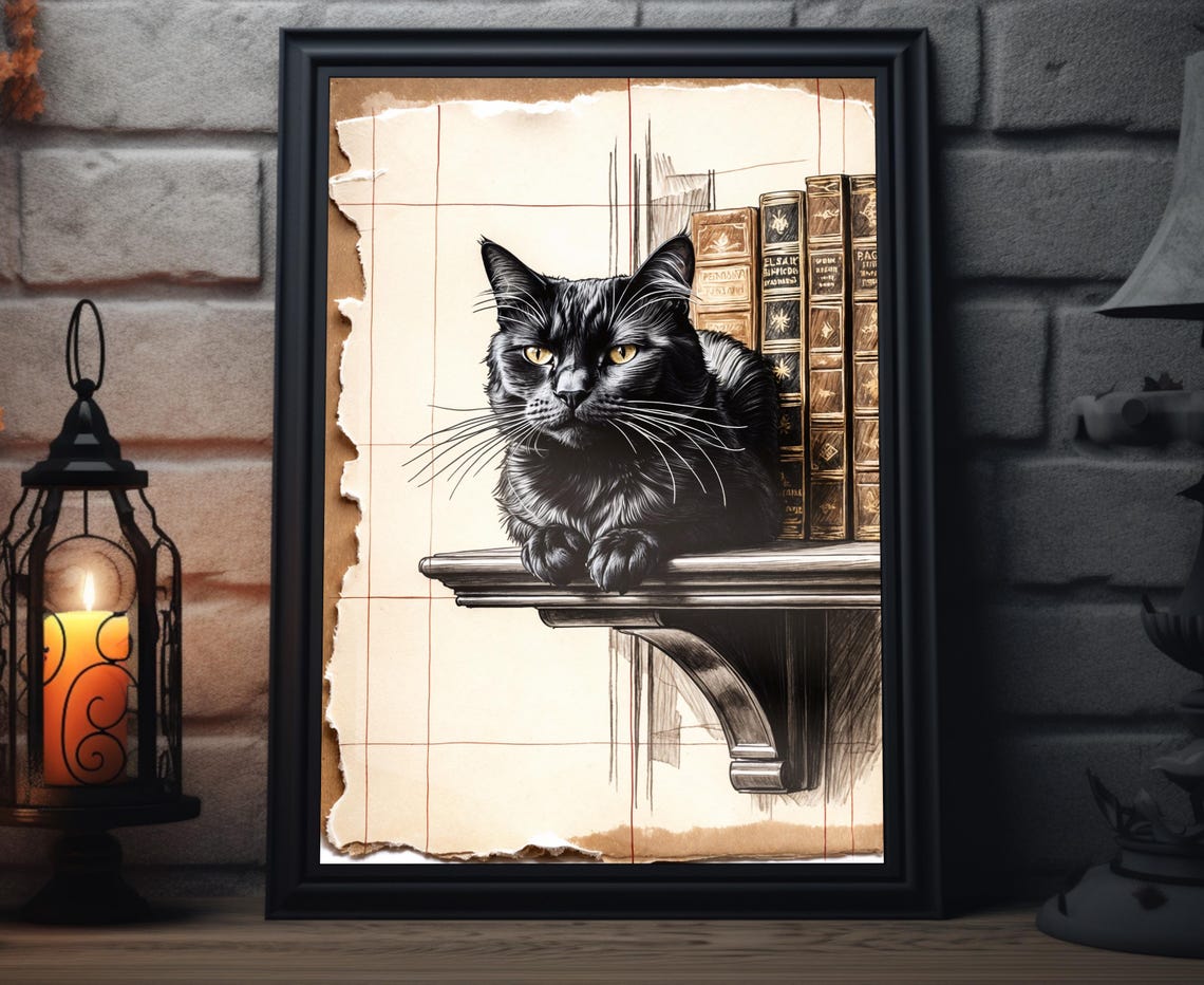 Black Cat Resting On Library Shelf Vintage Sketch Art Poster