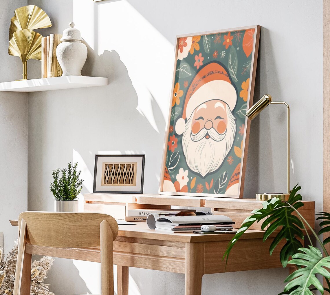 Boho Santa Face Portrait Dark Green Floral Background Holiday Poster - Image 3