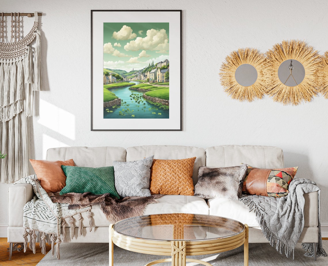 Ireland Winding River Village Stone Walls Shamrock Folk Art Poster - Image 2
