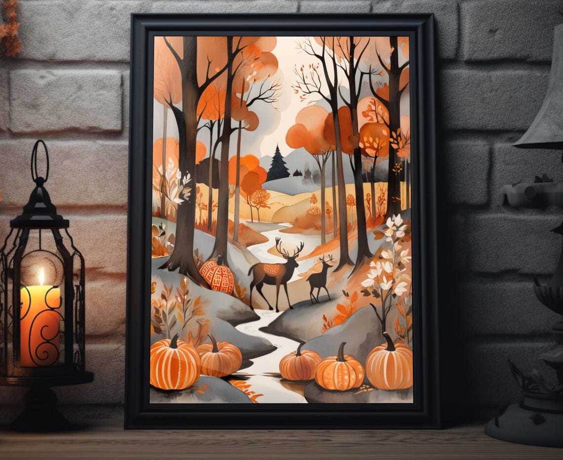 Fall Deer Folk Art Autumn Forest Stream Pumpkins Stag Doe Scene Poster