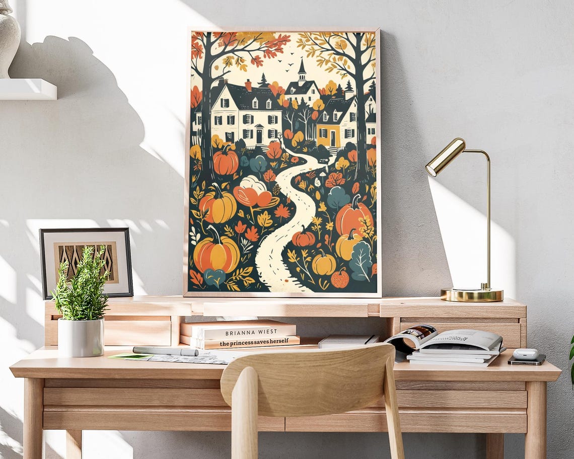 Autumn Pumpkin Town Woodcut Fall Foliage Winding Path Art Print - Image 4