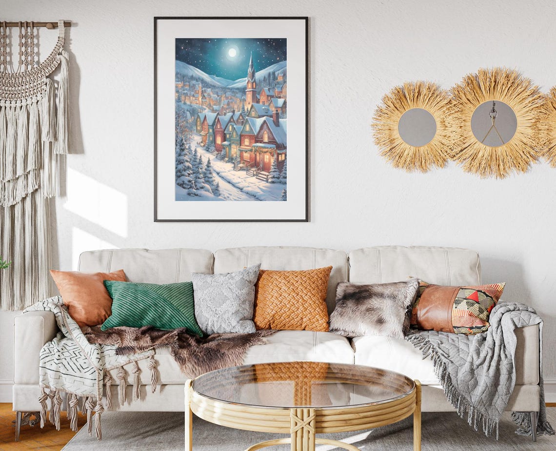 Winter Village Under Moonlight Glowing Church Night Art Poster - Image 2