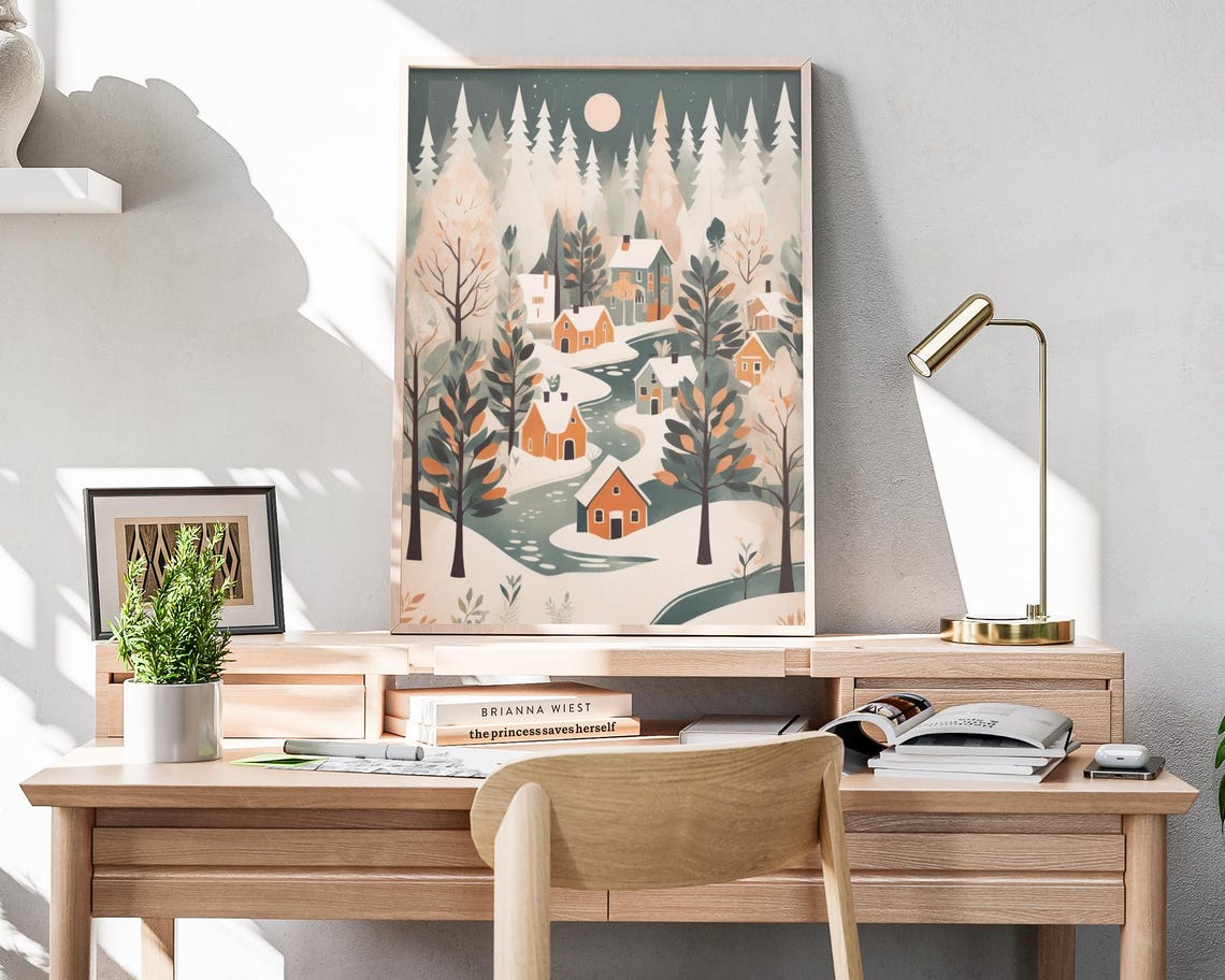 Winter Forest Village Moon Snow Pines Cozy Holiday Art Poster - Image 4