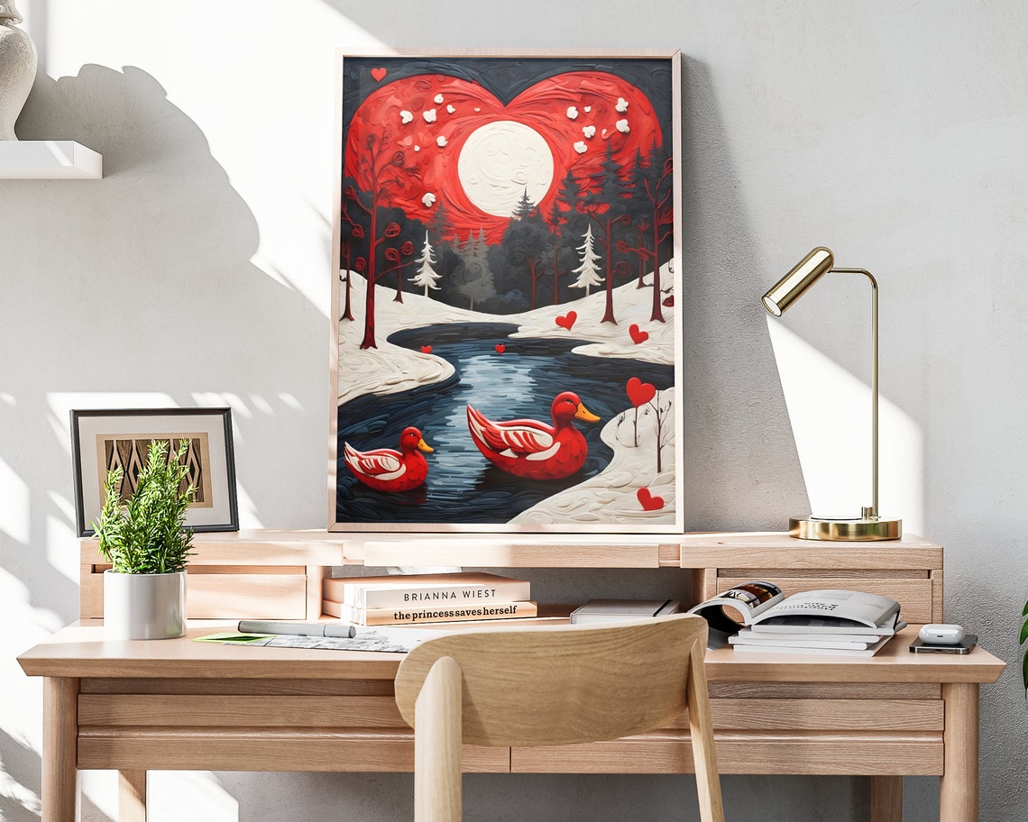 Valentines Red Ducks Lake Giant Heart Sky Moonlight Folk Art Poster - Image 4