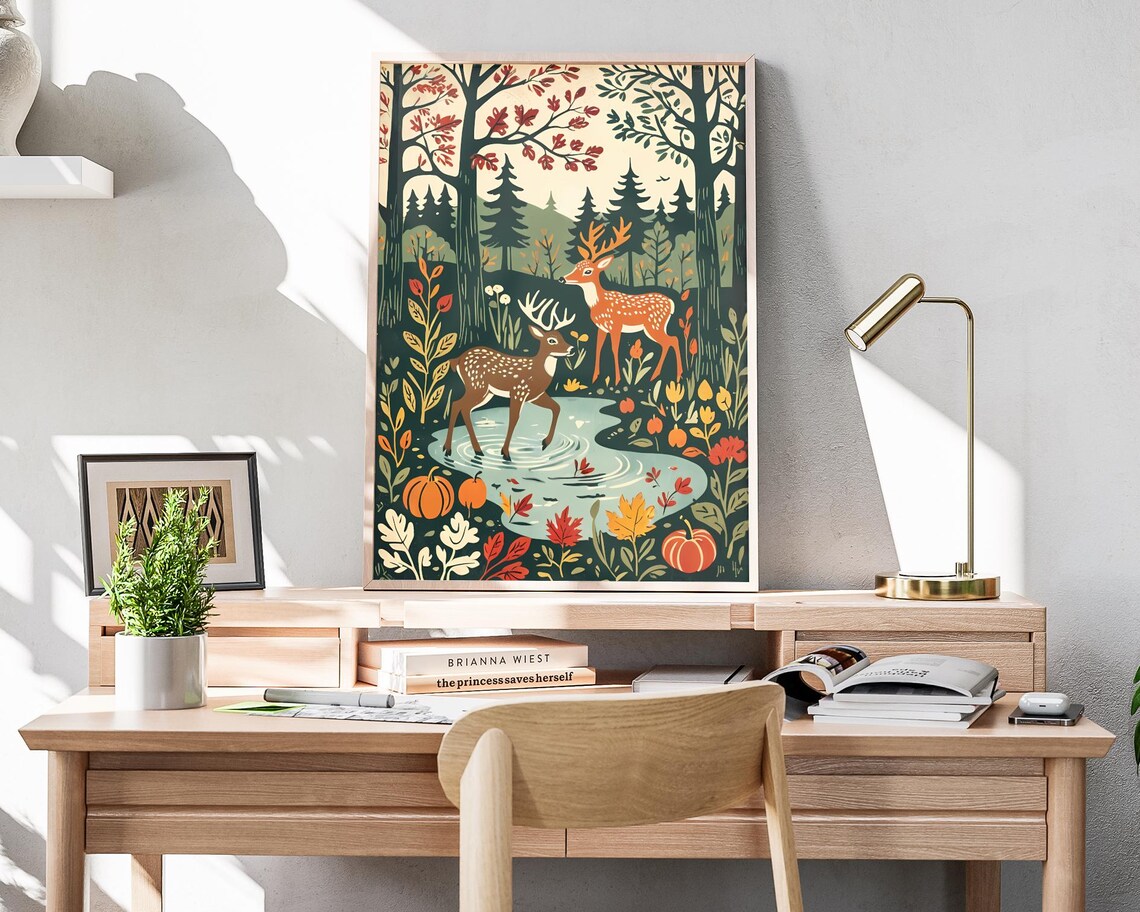 Fall Deer Woodcut, Pumpkin Forest Thanksgiving Art Print - Image 4