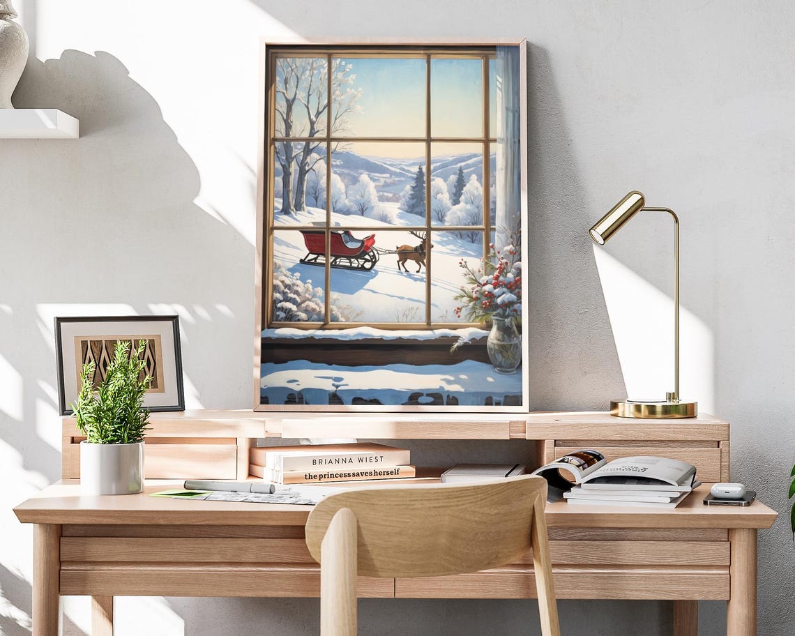 Reindeer Sleigh Ride In Snow Through Window Winter Art Poster - Image 4