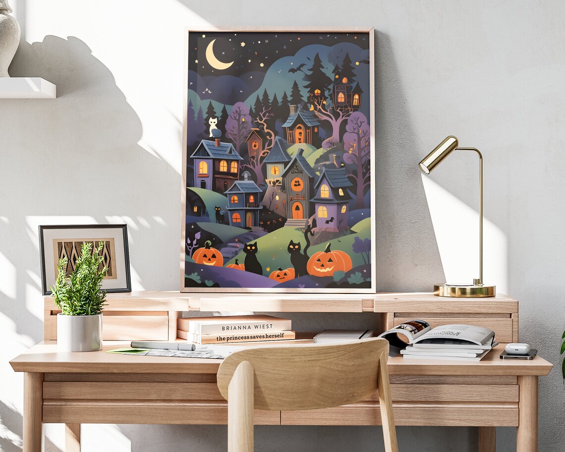Halloween Night Town With Black Cats And Jack O Lanterns Wall Art Poster - Image 4