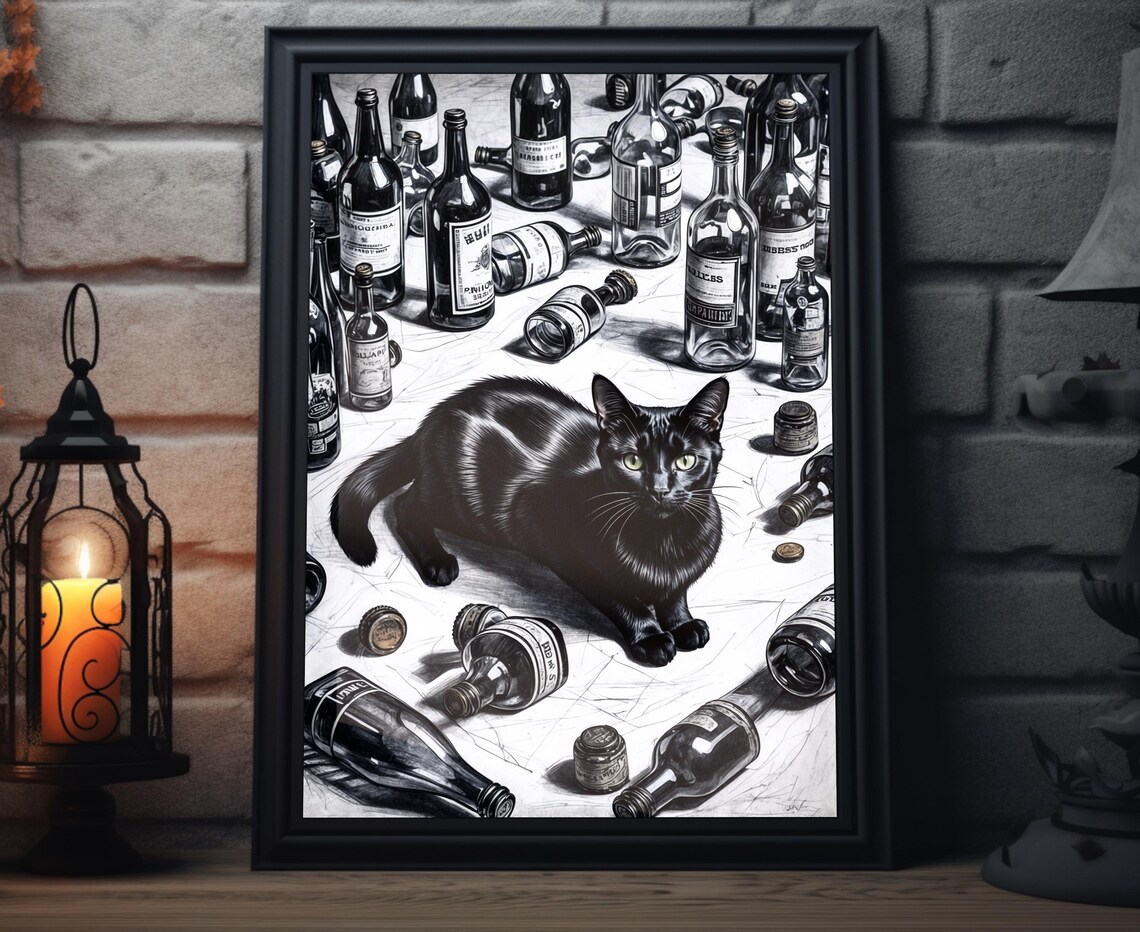 Curious Black Cat Among Vintage Wine Bottles Bar Sketch Art Print
