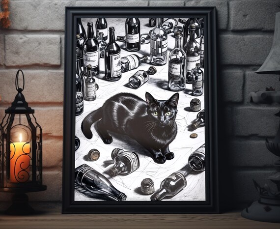 Curious Black Cat Among Vintage Wine Bottles Bar Sketch Art Print