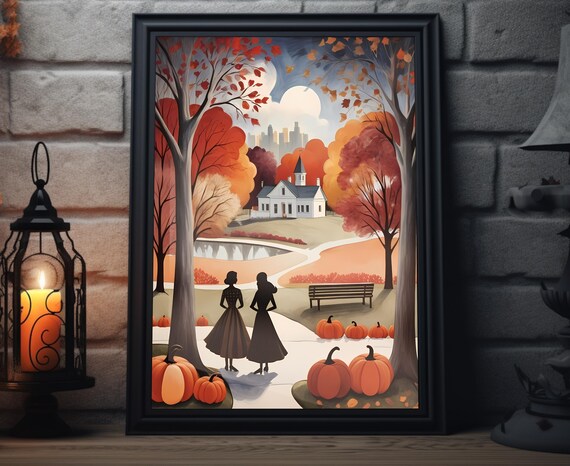 Autumn Park Stroll Chapel Pumpkins Elegant Fall Trees Scene Poster